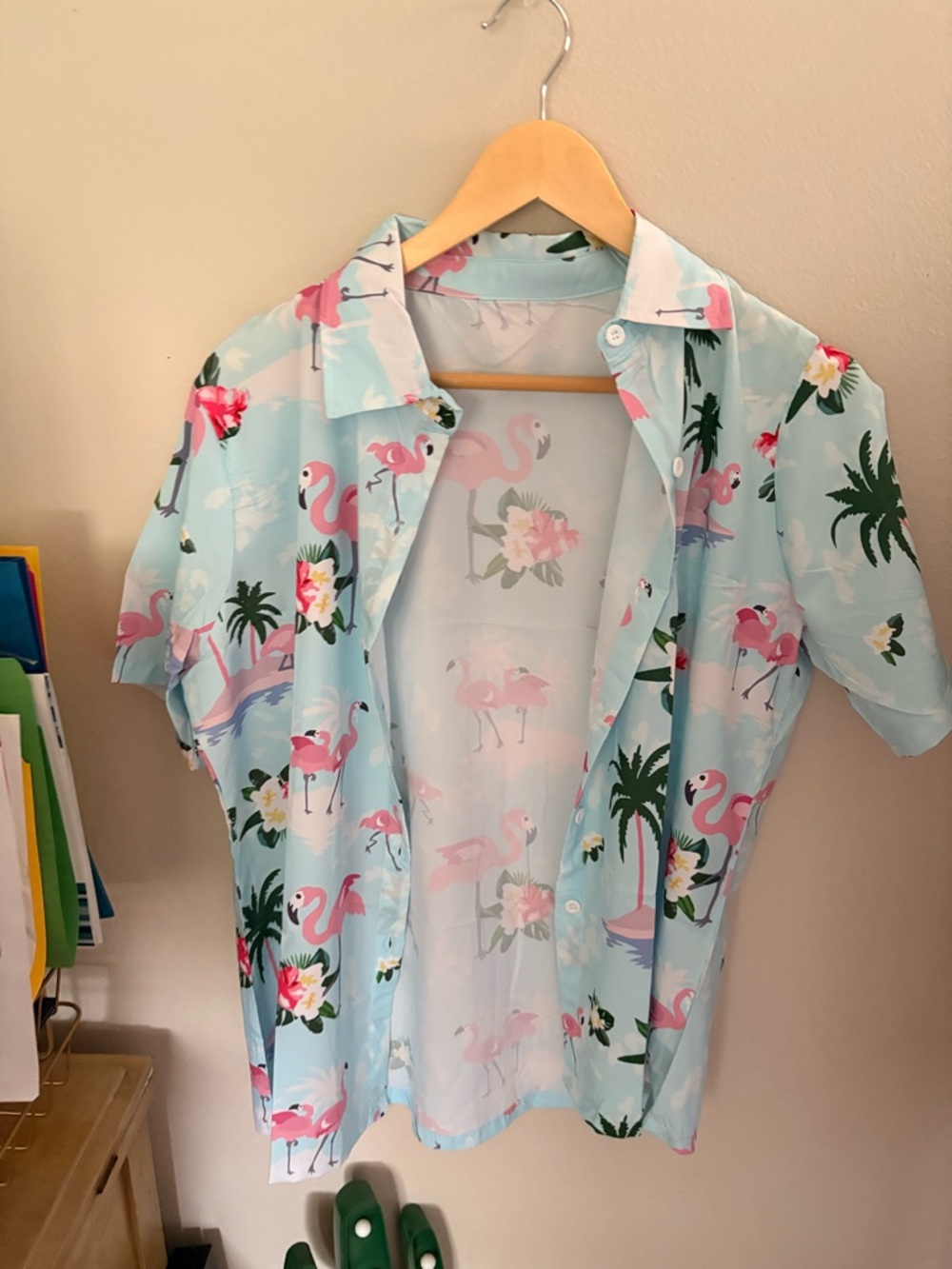 Light Blue Flamingo Print Short-Sleeve Shirt - Casual Resort Style